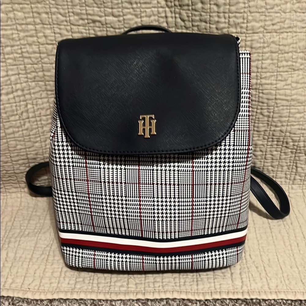 Tommy Hilfiger Black and White Backpack with Plaid Design